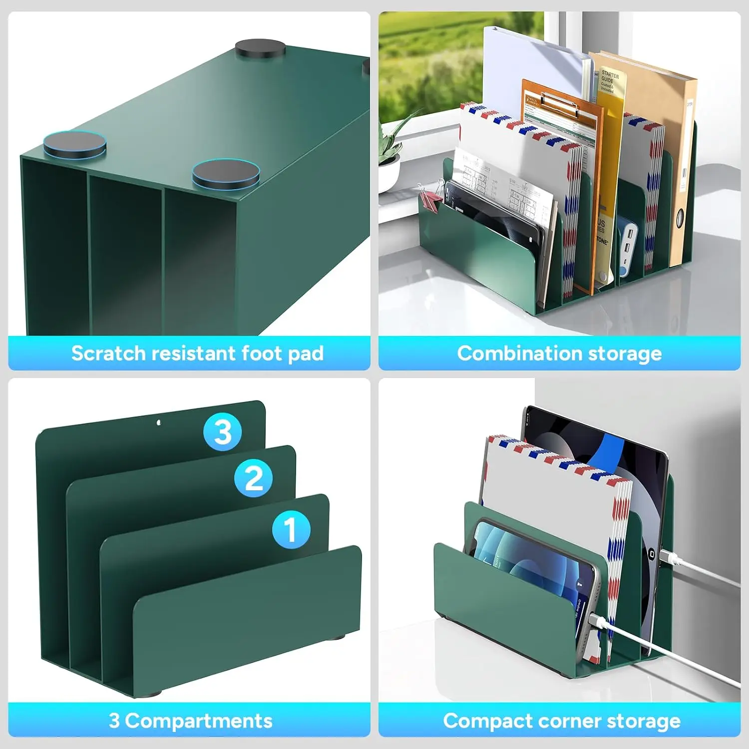 3-Tier Metal Desk File Organizer for Mail, Documents, and Office Supplies - Space-Saving Countertop Storage, Green view 6