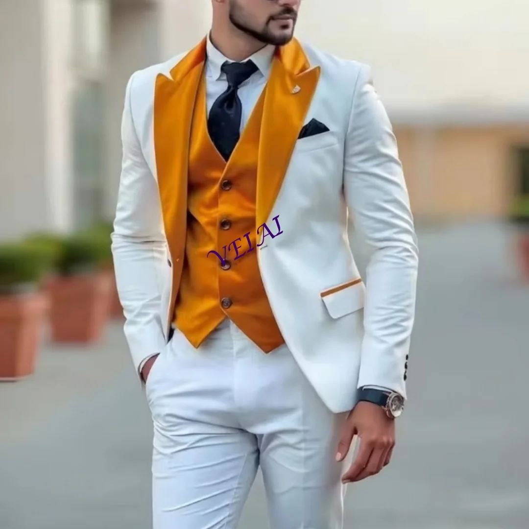 

Формальный мужской костюм цвета слоновой кости по индивидуальному заказу, жениха, жениха, свадебной вечеринки, выпускного вечера, деловые мужские смокинги, комплект из 3 предметов, блейзер, жилет, кастрюля