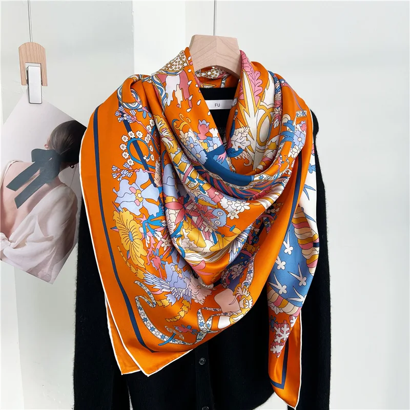 Syal Sutra Murbei Merek Luxry Selendang Besar Perempuan Kepar Hems Digulung Syal Desainer Syal Foulard Mencuri 135Cm