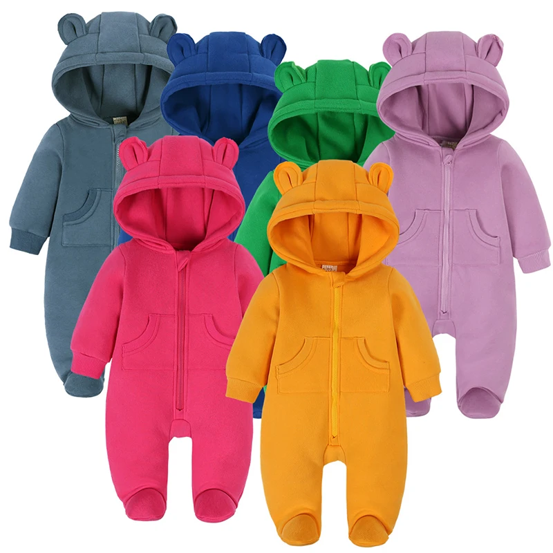 

0-2 Y Autumn Baby Clothes Newborn Footies Boys Thickened Jumpsuits Toddler Girls Cute Cartoon Hooded Warm Outwear