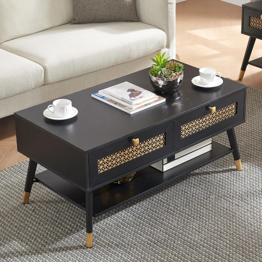 

JYED Rectangle Mid Century Modern Coffee Table, with Storage Drawers and Open Shelf, Black Wood Coffee Table for Living Room