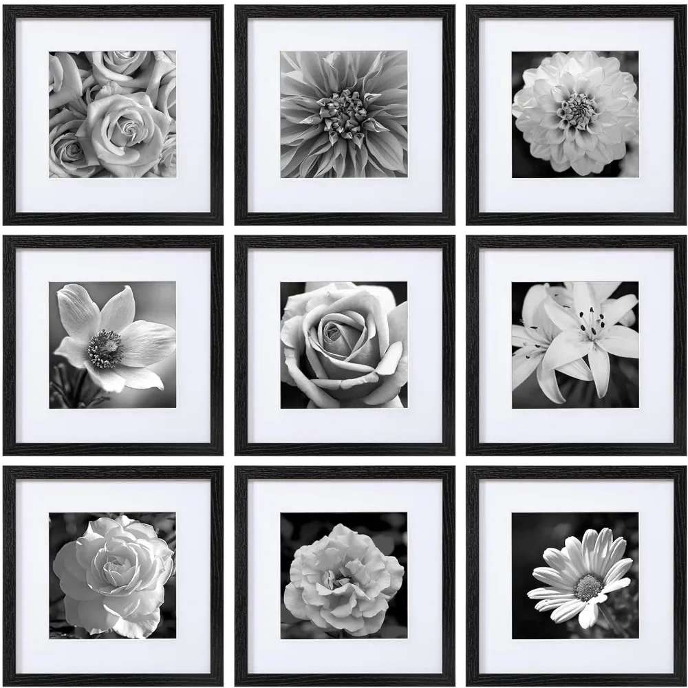 

12x12 Picture Frames Set of 9 Classic Gallery Wall Frame Set Displays 8x8 Photo with Mat or 12x12 without Mat, Square