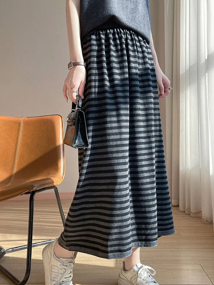 

Spring Autumn Fine Spun Wool Casual Women's Skirt High Waist A-Line Long Dr Knitted Fabric Commute Sle Stripe Pattern