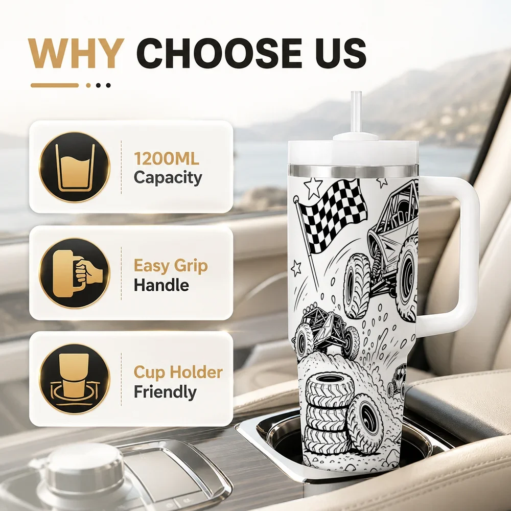Monster Truck Dirt Bike Racing Action Vacuum Flasks 40oz Leakproof Steel Tumbler w/ Lid Straw Handle Hot Cold Drinks