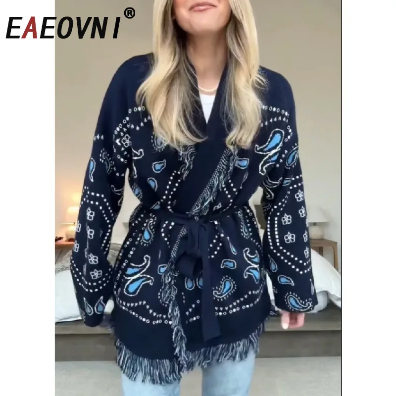 

EAEOVNI 2025 Autumn New Tassel Patchwork Printed Cardigan Women Geometric Patterns Belts V-neck Long Sleeve Knitted Sweater Coat