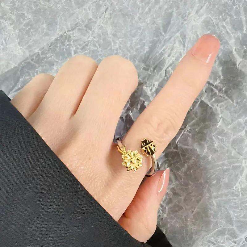 Cute Open Size Rotable Flower Ring For Women Zircon Jewelry Decompression Anxiety Enamel Ladybug Rings