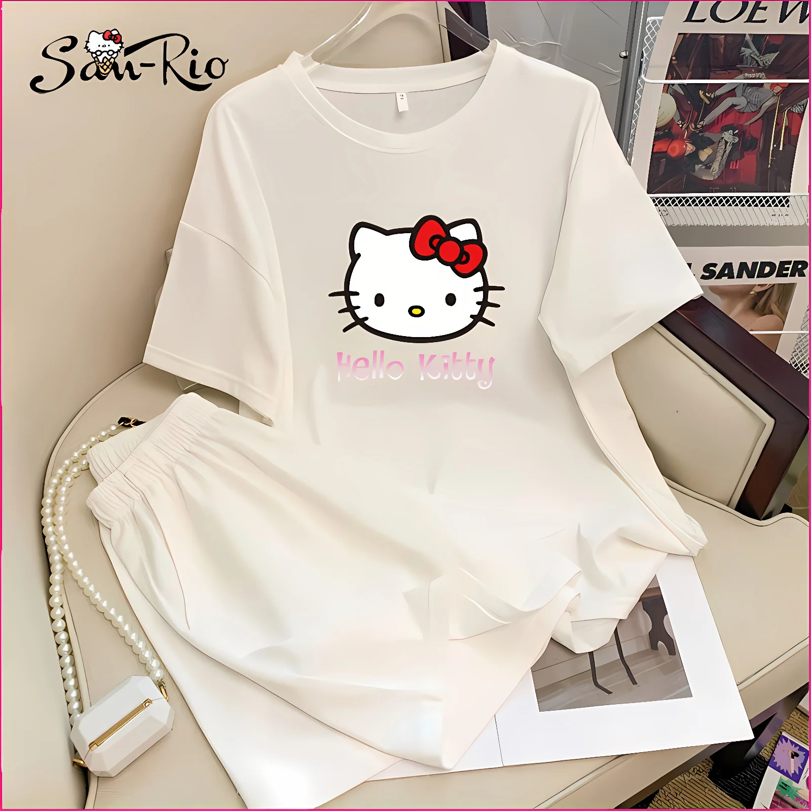 

Hello Kitty Short Sleeve Sets Solid Color Women Loose-Fit Short Sleeve Shorts 2Pcs Set Summer Women's Pajamas Home Wear Set