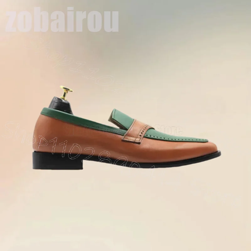 Green Brown Carving Design Square Toe Loafers Fashion Slip On Men Shoes Luxurious Handmade Party Banquet Office Men Dress Shoes