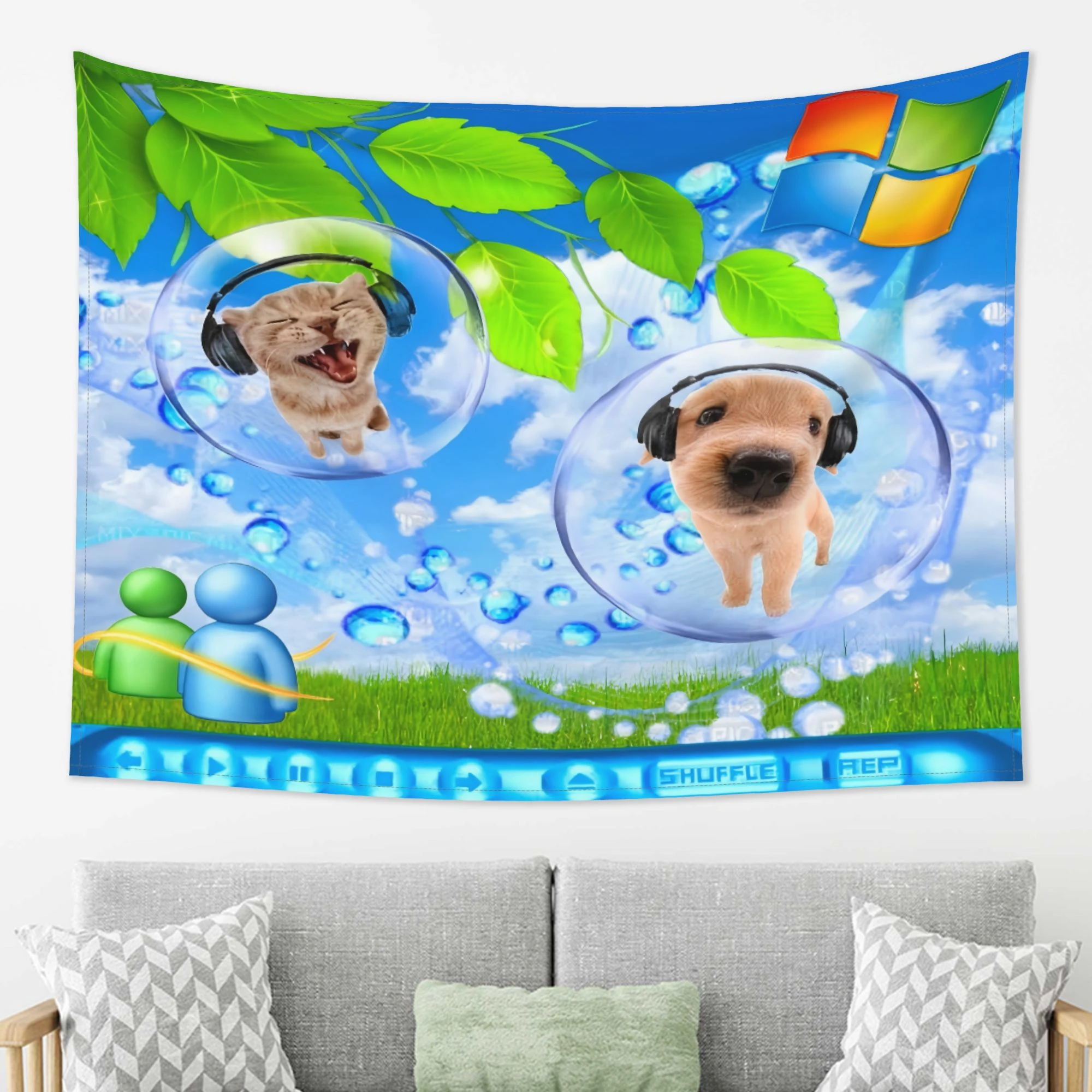 1pc Retro Retro 2000s Computer Desktop Style Cute Cat Dog Music Lover Tapestry, Aesthetic Y2K Bubble Animal Wall Hanging for