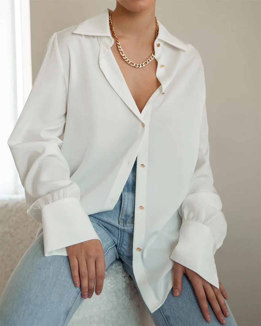 

Metal Button-Down Shirt Women Summer Fashion Long Sleeve Lapel Loose Shirts Blouses Lady Elegant Casual Tops Streetwear 2025