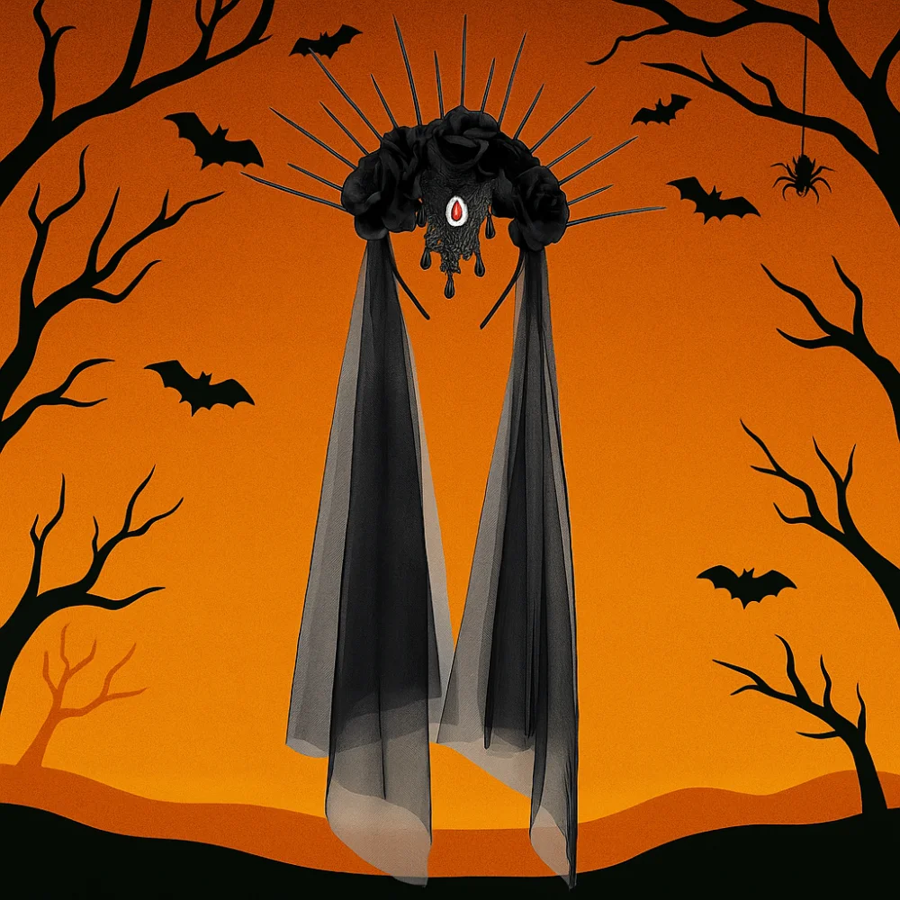 

Headdress Mesh Halloween Headband Rhinestone Gothic Veil Headband Crown Rose Bride Hairband Cosplay Cosutmes