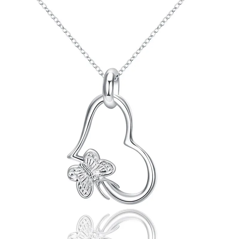 DOTEFFIL 925 Sterling Silver Butterfly Heart Pendant Necklace For Woman Wedding Engagement Charm Jewelry