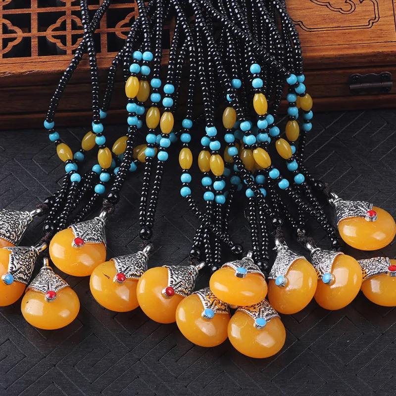 

Bingbing Same Product Ethnic Style Long Beaded Sweater Chain Imitation Beeswax Pendant Ornaments Necklace Stall Temple Fair