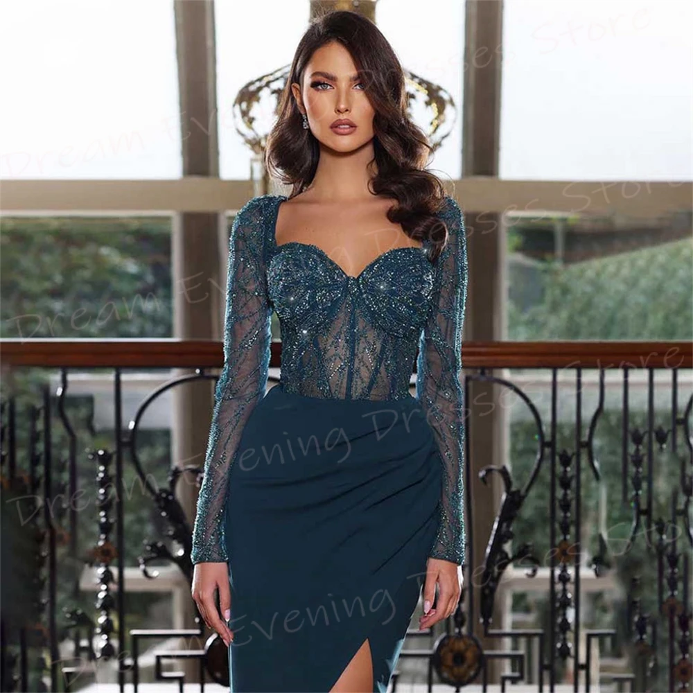 Robe de Soirée de Forme Sirène pour Femme, Tenue de Bal Moderne, Élégante, à Manches sulf, Sexy, Fente Haute sur le Côté