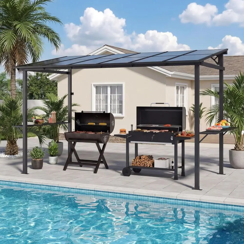 12x6ft Outdoor Sloping Metal BBQ Gazebo with Shelves and Hooks, Heavy Duty Patio Pergola for Garden and Backyard, Brown Shade