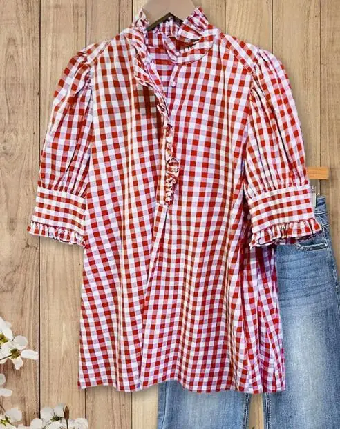 

Summer Classic Fashion Color Blocked Grid Printed Stand Up Collar with Mushroom Edge Splicing Loose Bubble Sleeve Shirt