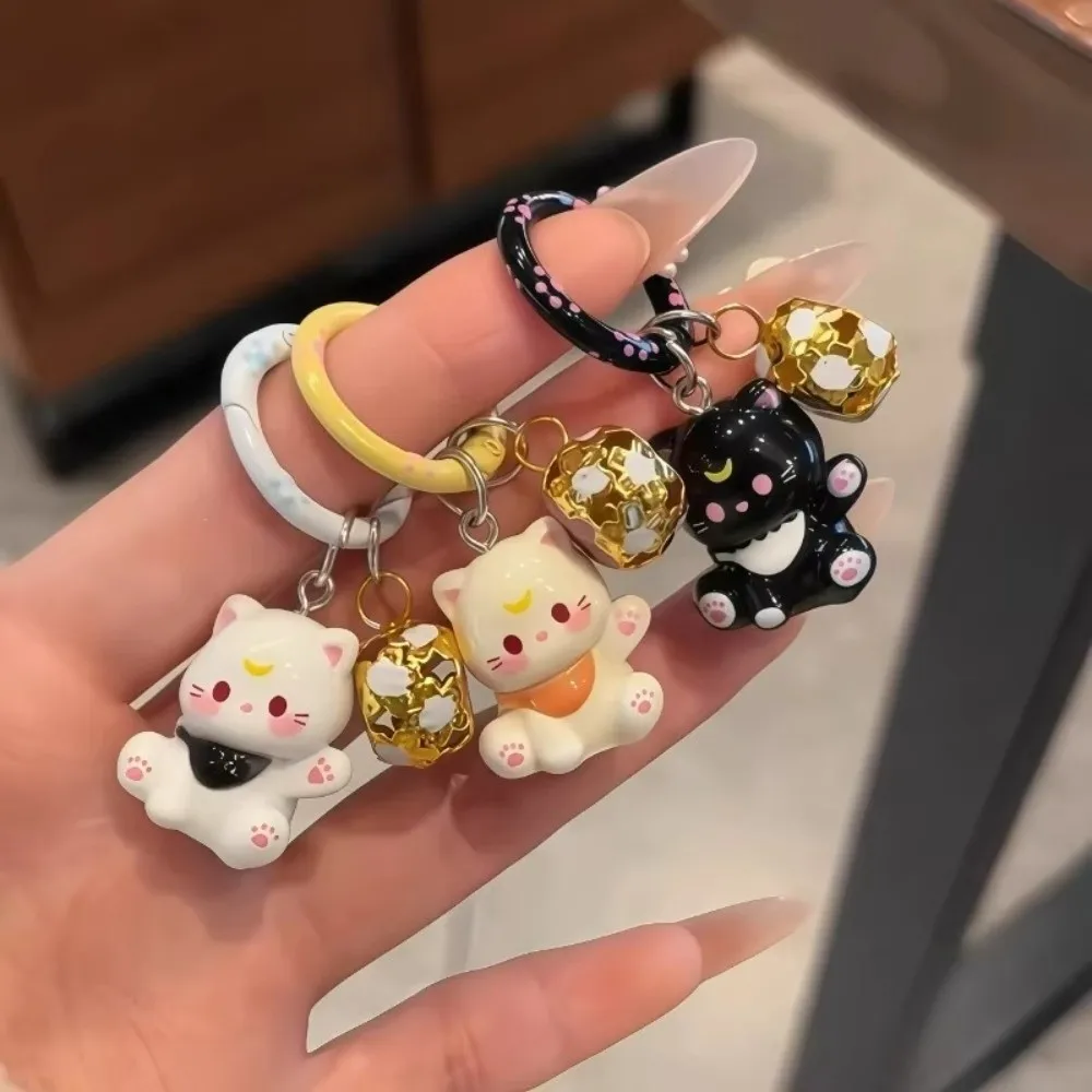 Fashion 5cm Cat Keychain Resin Colorful Bell Sweet Keyring Cartoon Design O-shaped Korean Keychain Bag Accessories