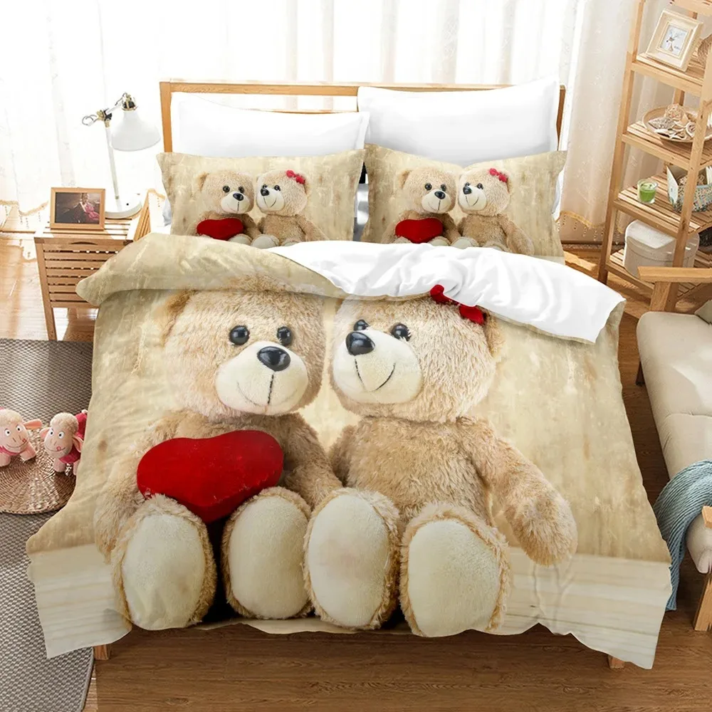 Zestaw pościeli Teddy bear Single Twin Full Queen King Size Plush bear Bed Set Aldult Kid Bedroom Duvetcover Sets 3D Print 011