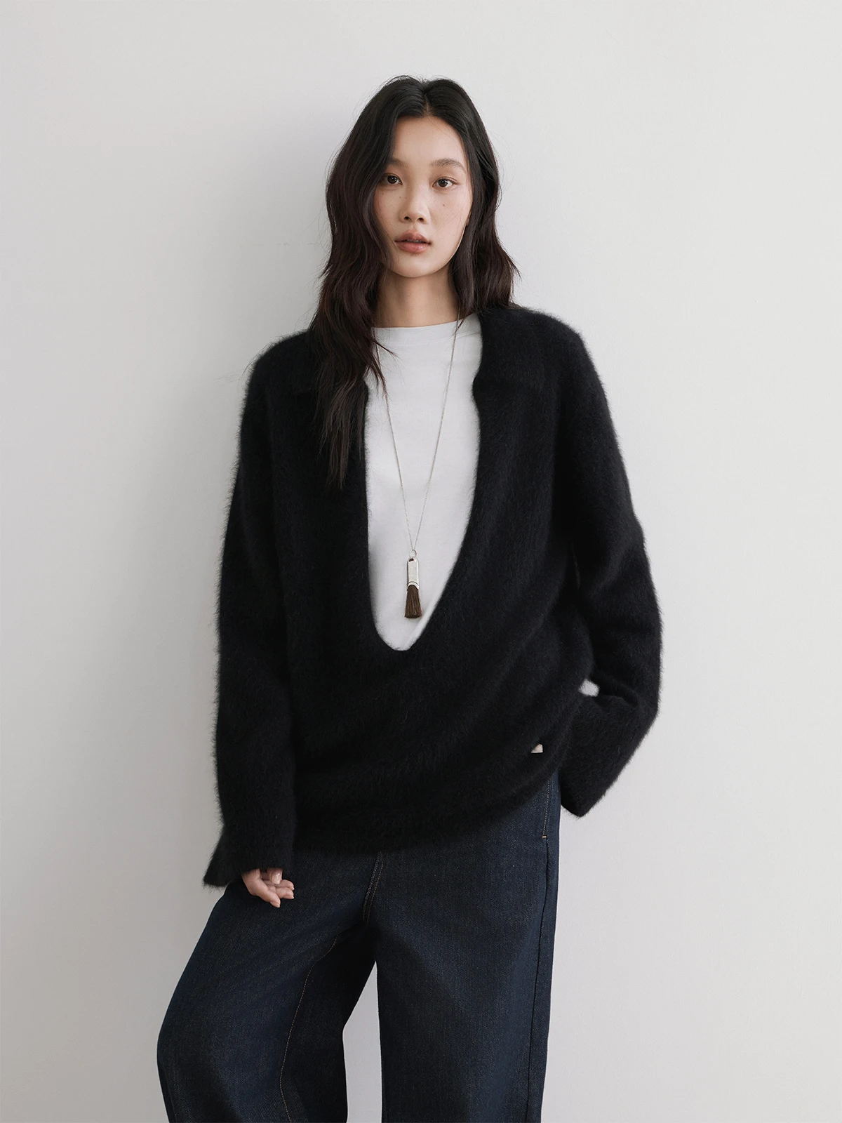 

Ele Preppy Sle Knitted Fur Sweatirt Deep V Collar Long Sve Women's Knitwear Casual Comfortable Loose Fit Sweater