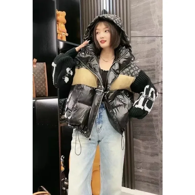 Frauen Neue Stil Gestrickte Ärmel Buchstaben Verdickte Weiße Ente Unten Oberbekleidung Jacken Patchwork Mit Kapuze Unten Jacke für Frauen