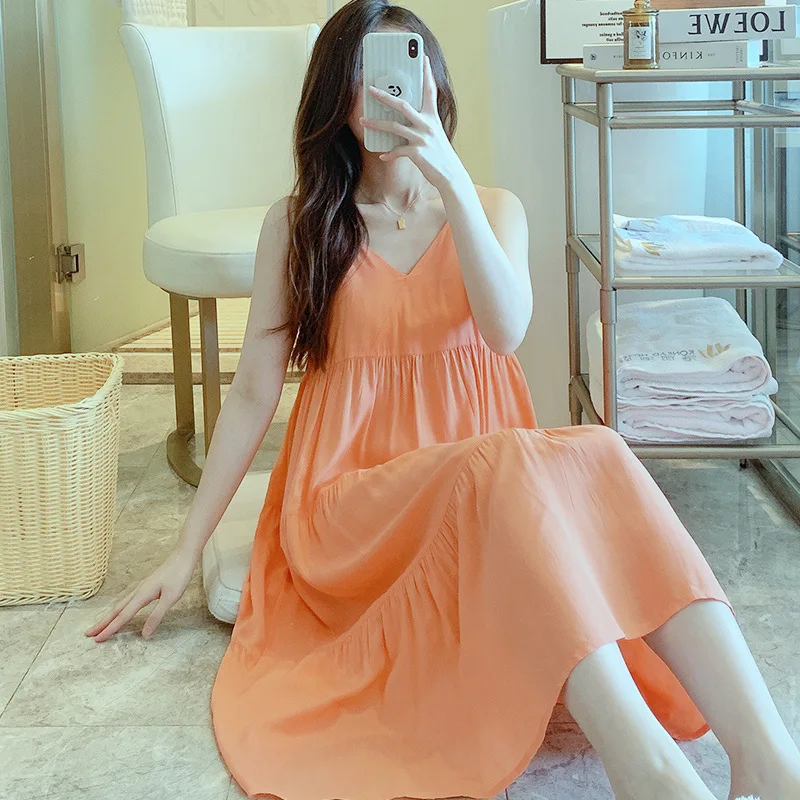 Summer Slip Nightdress Women Thin Rayon Pajamas Home Wear Korean Style Sweet Girl\'s Cotton Sleepwear Nighty For Ladies Sexy