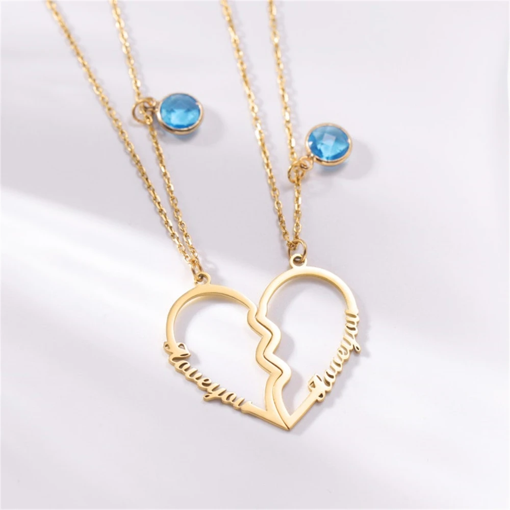 

2pcs Personalized Jewelry Custom Birthstone Necklace Two Names Heart Necklace Sets For Couple Puzzle Pendant Friendship Gift