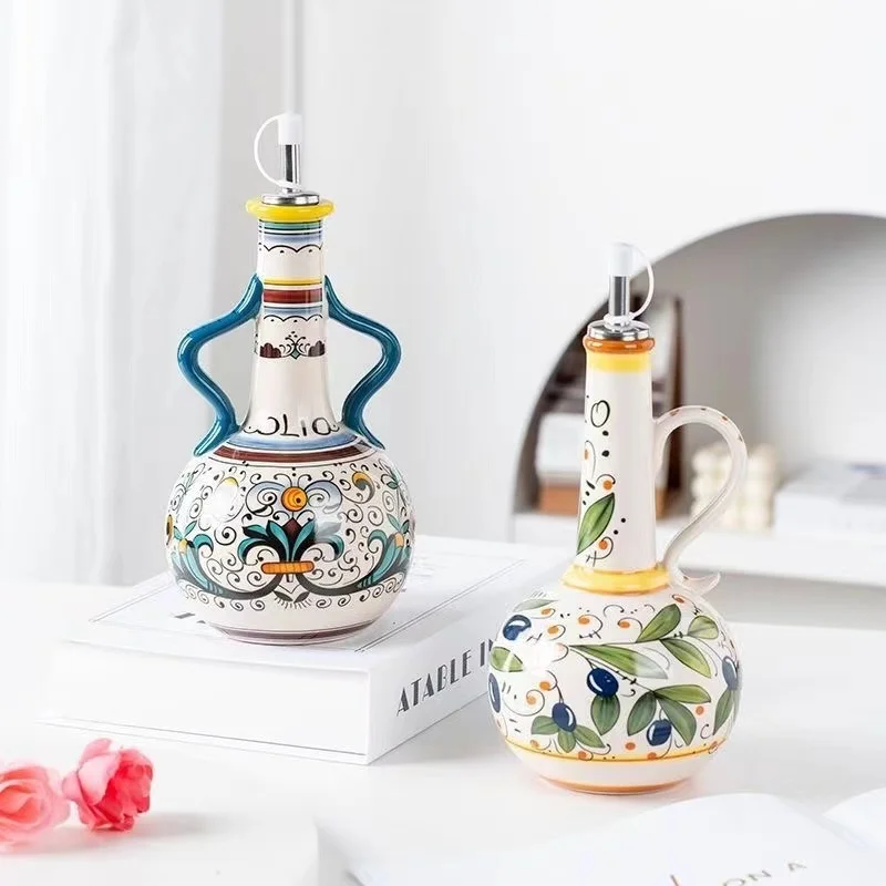 Exhibition Underglaze Color Hand-Painted Green Ceramic Olive Oil Bottle Oil Pot Home Kitchen