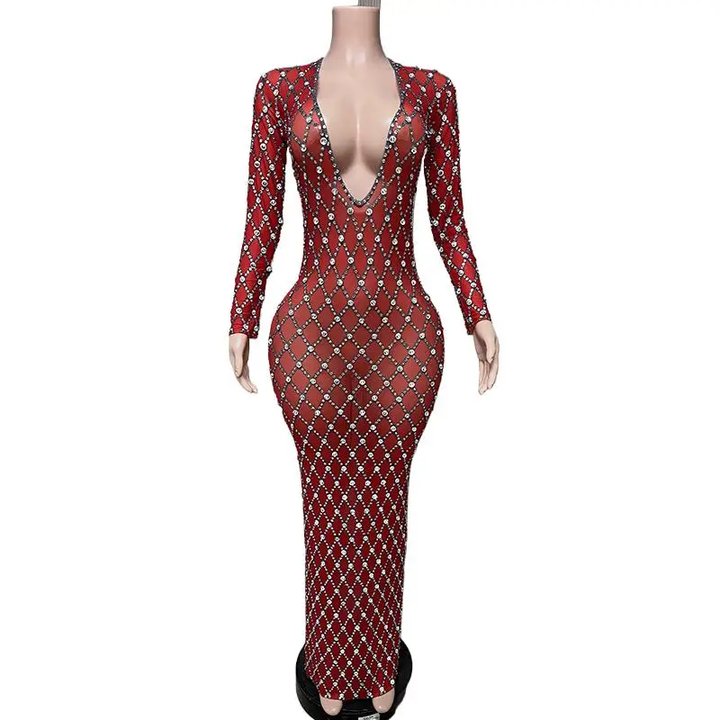 New Fashion Rhinestones Women's Tight Evening Gown Long Sleeve Long Dress