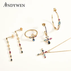 ANDYWEN 925 Sterling Silver Gold Rainbow Cross Zircon Necklace Long Chain Drop Earring 2020 Rock Punk Fashion Fine Jewelry Set