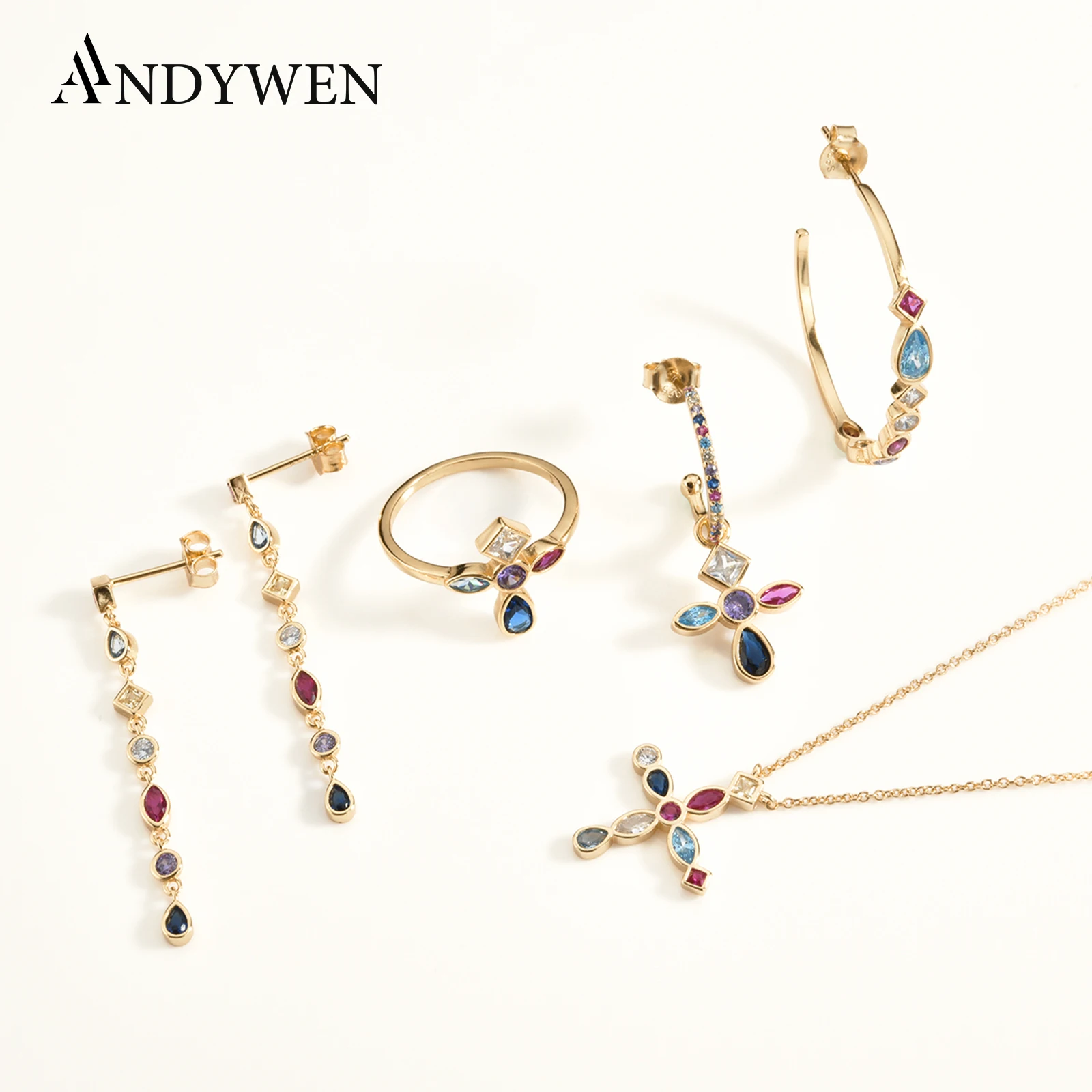 ANDYWEN 925 Sterling Silver Gold Rainbow Cross Zircon Naszyjnik Długi łańcuszek Drop Earring 2020 Rock Punk Fashion Fine Jewelry Set