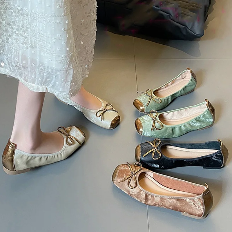 Women Ballet Flats Sweet Bowknot Pumps Stretch Slip-on Loafers Females Soft Soles Casual Scoop Shoes Lady Comfortable Work Shoes