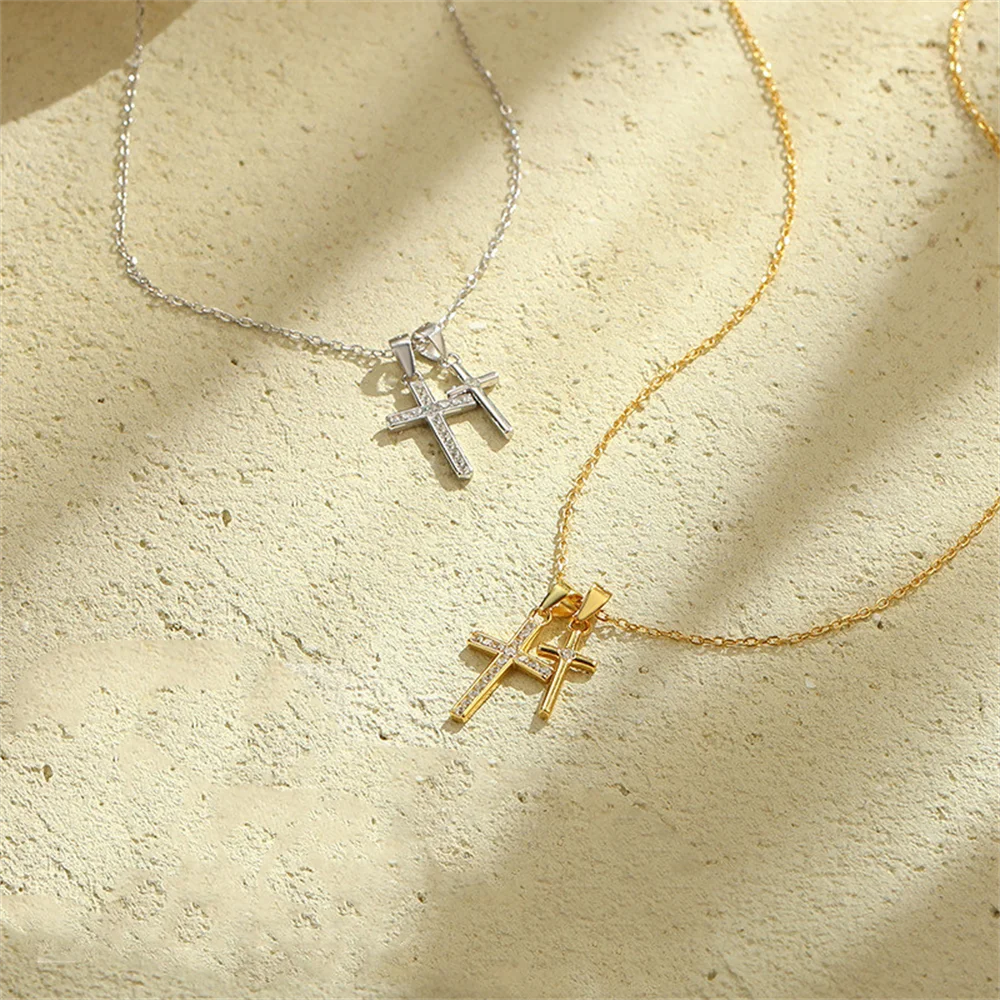 

Korean S925 Sterling Silver Double Cross Necklace, Full Diamond Pendant, Hip-Hop INS Trend Collarbone Chain
