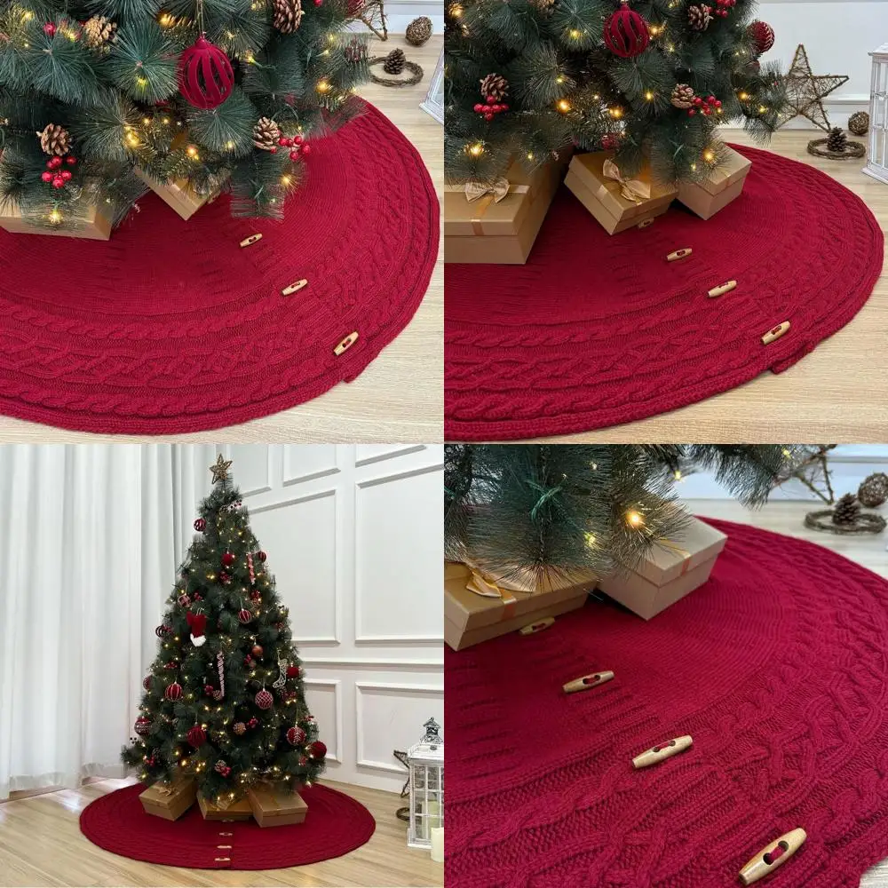 

Burgundy Cable Knit Christmas Tree Skirt with Wooden Toggles, 72 Inch