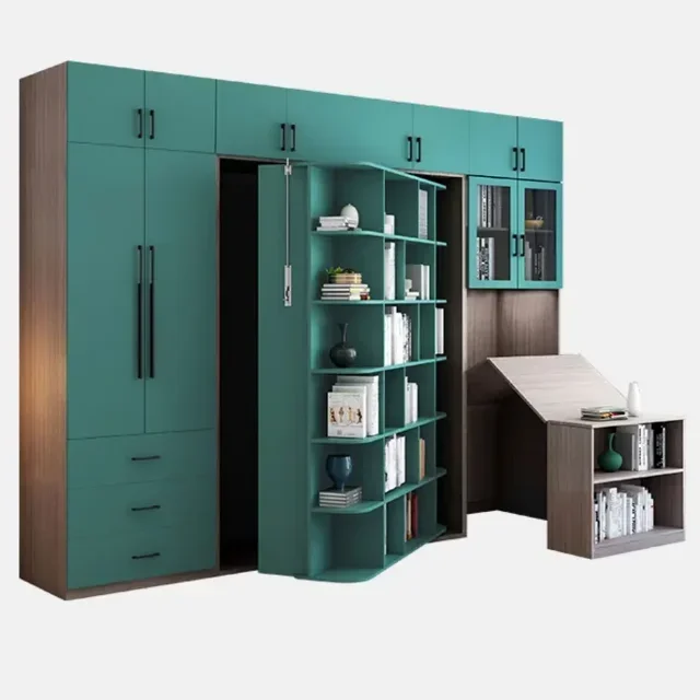 Wooden Rotating invisible folding bed combination multi functional wardrobe cabinets desk bookcase wall Murphy bed