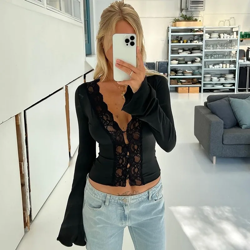 

Ticketsx Sexy Lace Patchwork Top V Neck Long Sleeve Single Breasted Basic Tank Tops Female Fashion Highstreet Slim Top Women