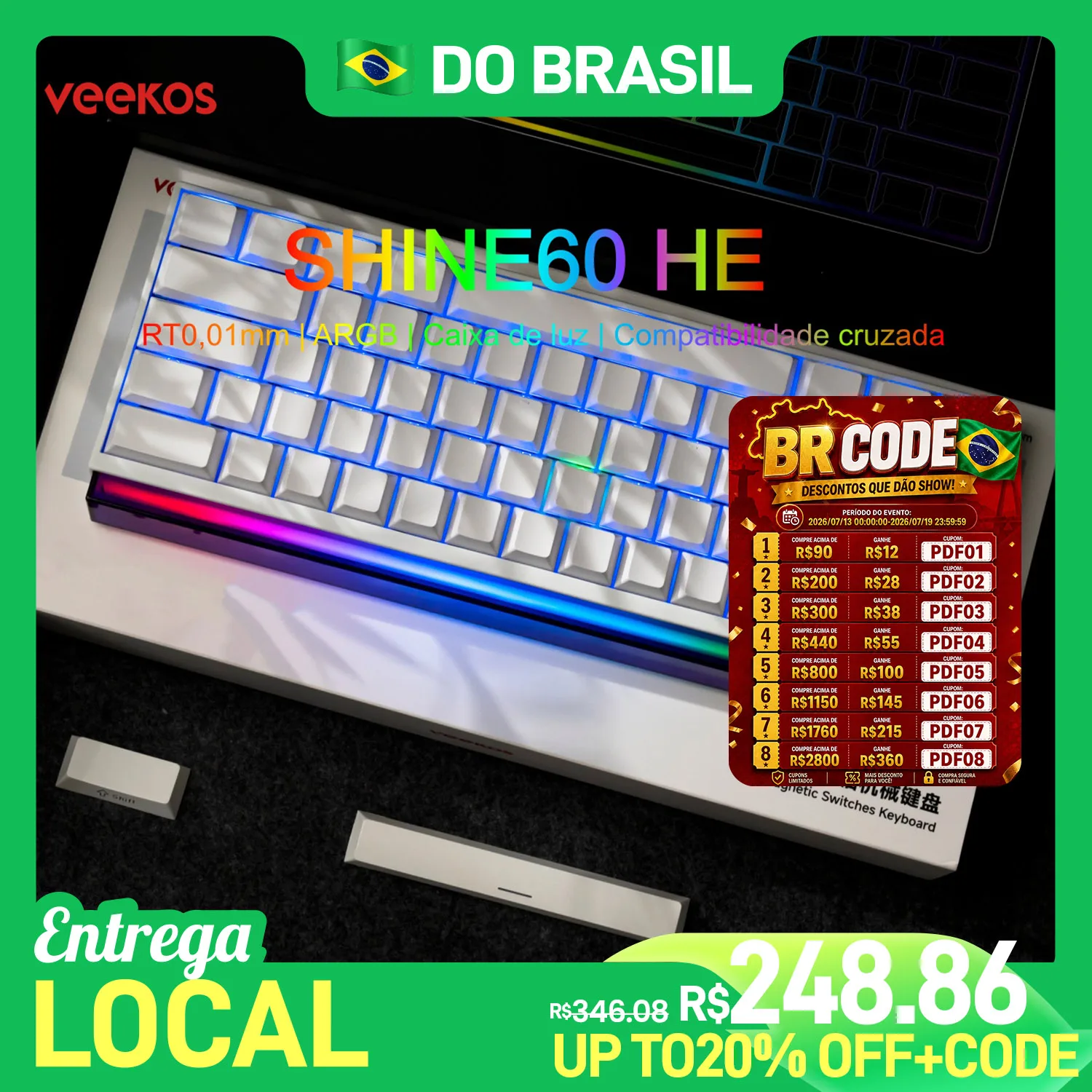 Veekos Teclado Shine60 HE 60% AGRB com Lightbox RT0.01mm Interruptor Magnético 8K wired com fio shine 60 60he shine60he