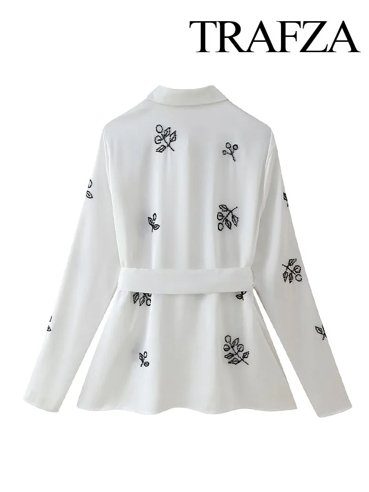 TRAFZA Female Autumn Casual Shirts White Turn-Down Collar Embroidery Decorate Bow Lace-Up Single Breasted Women Fashion Blouses