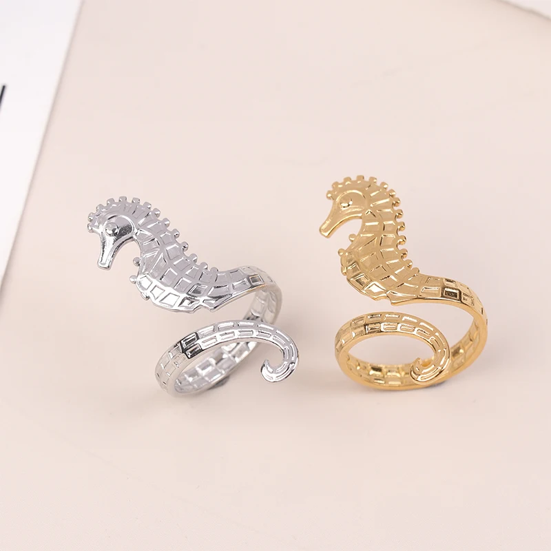 Sea Beach Stainless Steel Sea Horse Design Open Ring ​Light Cozy ​Women Charm 18K PVD Plated Waterproof Stylish Jewelry Gift image 5