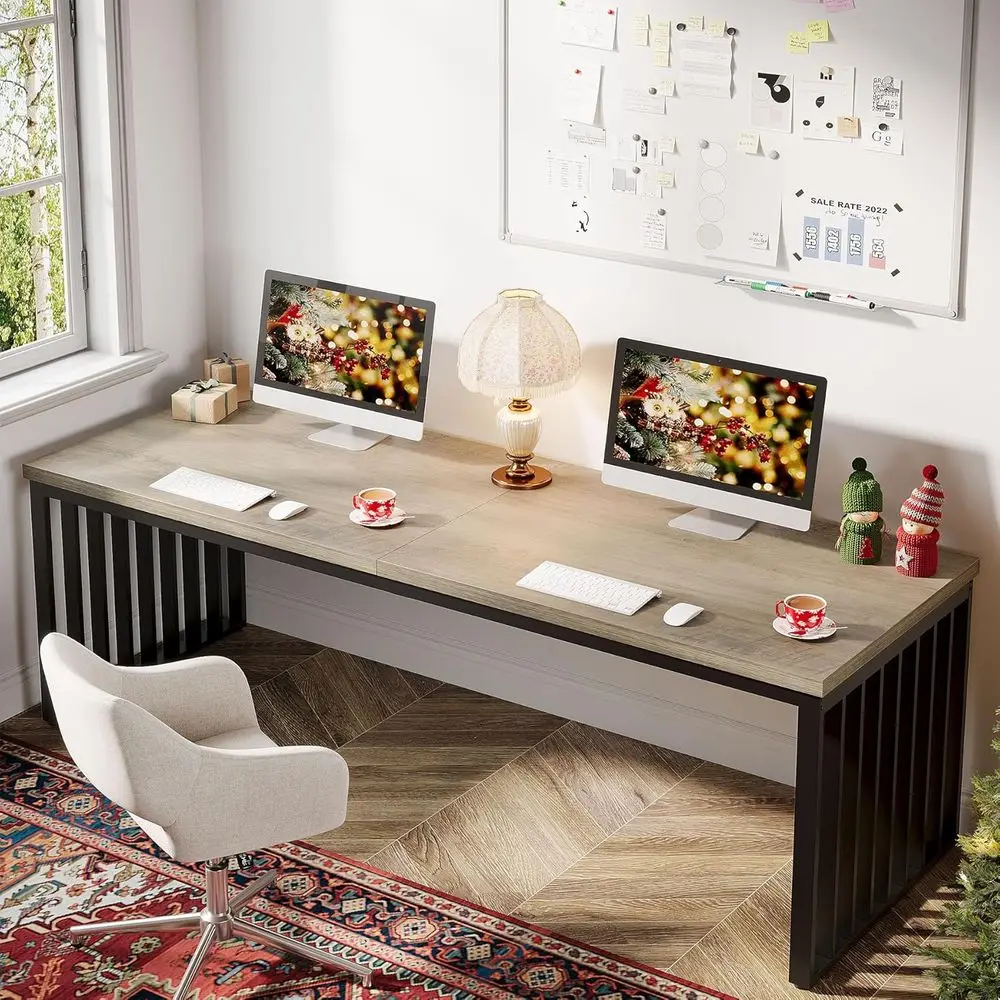 

78 Inch Dual-Person Industrial Style Gray Metal Leg Computer Desk