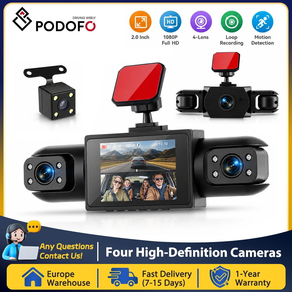 Podofo Four-Channel Car DashCam With 480P Left Interior, Right Interior, and Rear Cameras Car DVR Video Recorder Night Vision Loop Recording, Reversing Help Camera Recorder