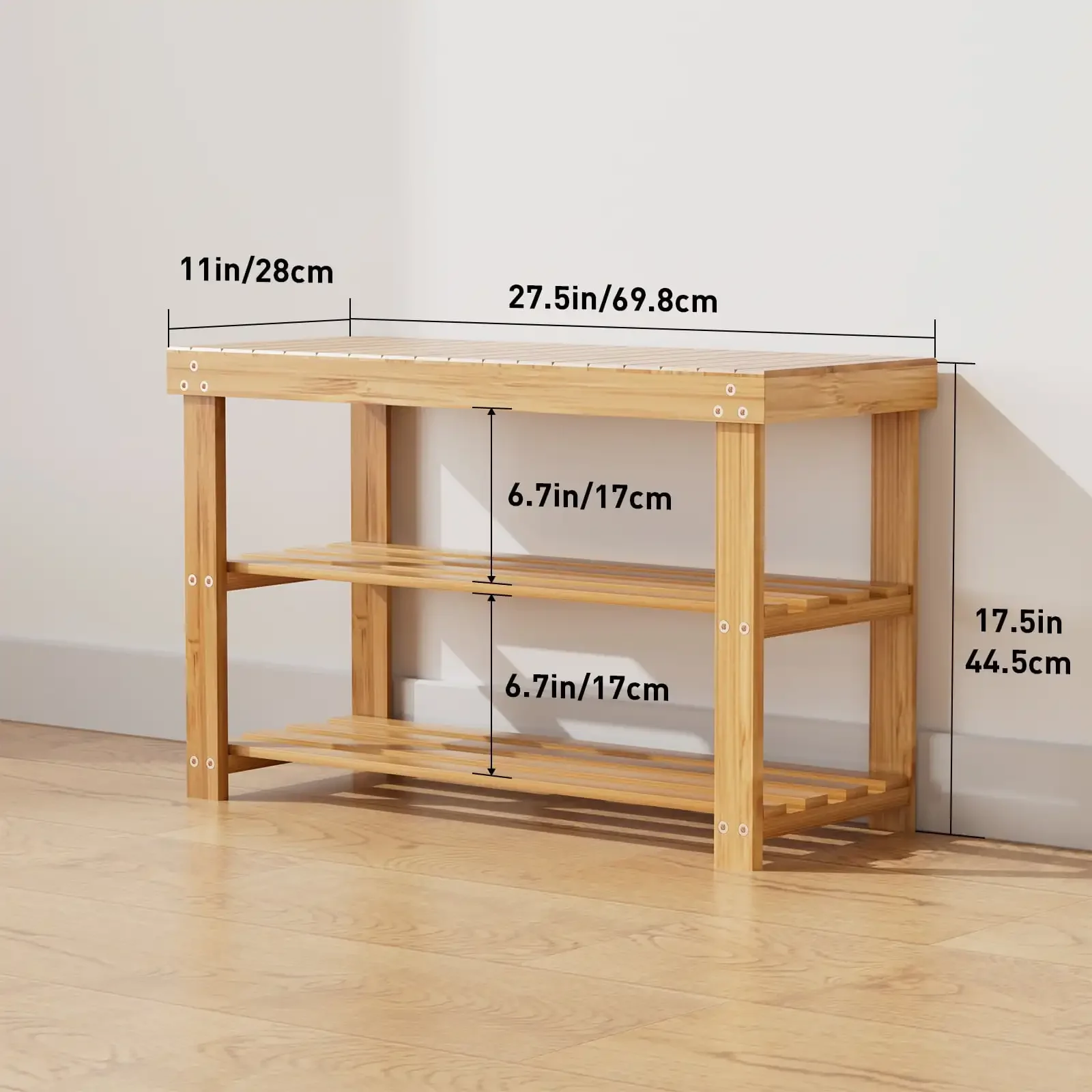 3 Tier Bamboo Shoe Storage Bench for Entryway,Wood Hallway Shoe Rack Shoe Organizer Shelf for Living Room Bedroom,Natural