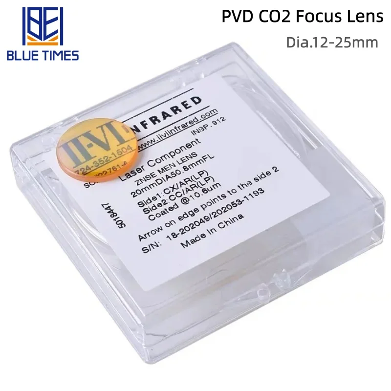 Bluetimes China Focus Lens 10.6μm Wavelength CO2 PVD ZnSe Lens for CO2 Laser Engraving Cutting Machine Dia.12/18/20/25mm