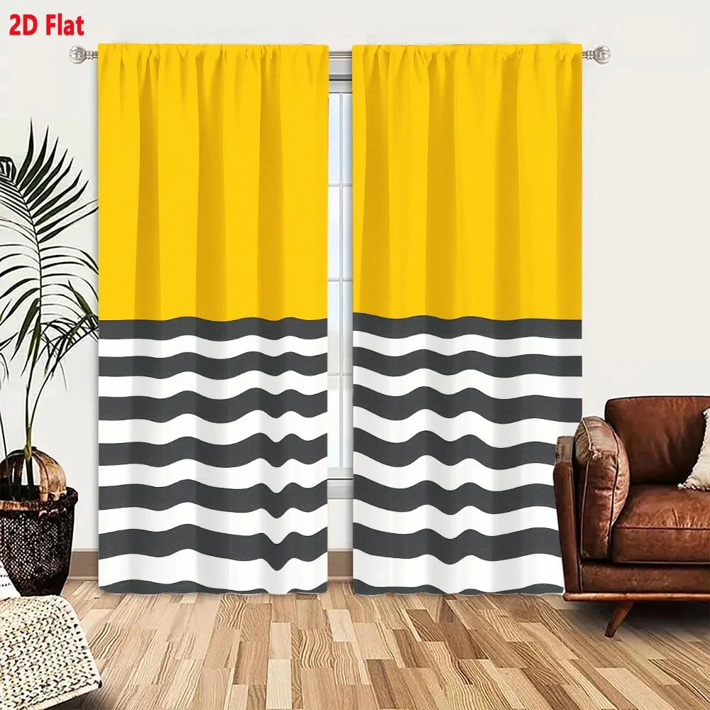 2Pcs Curtains 2D Flat Abstract Design Solid Yellow Upper Section With Alternating Wavy Black And White Lines Lower Portion Resem