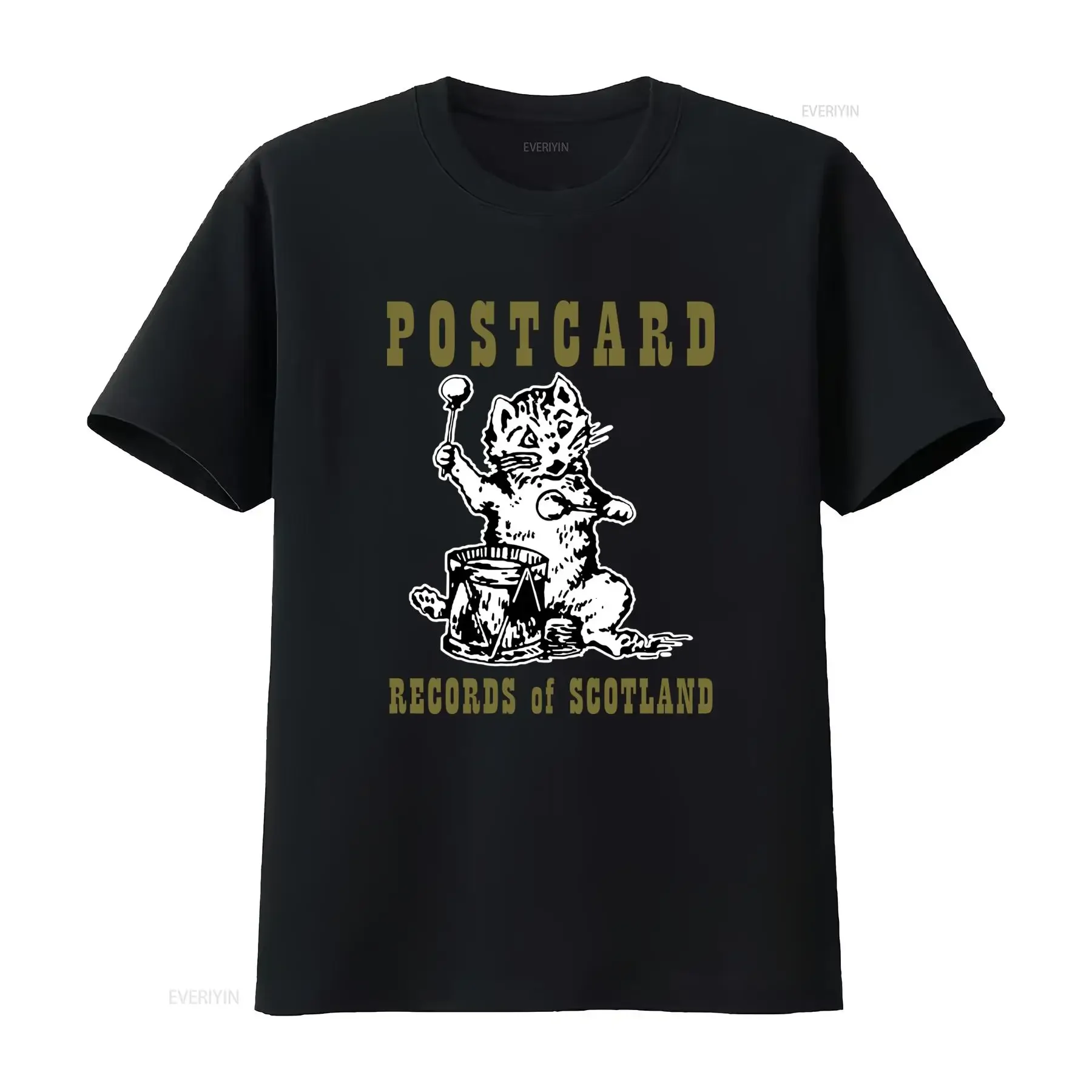 Postcard Records Scotland Cat Drumming T Shirt Unique Design for Music Lovers vintage Washed Versatile Breathable Stylish homme