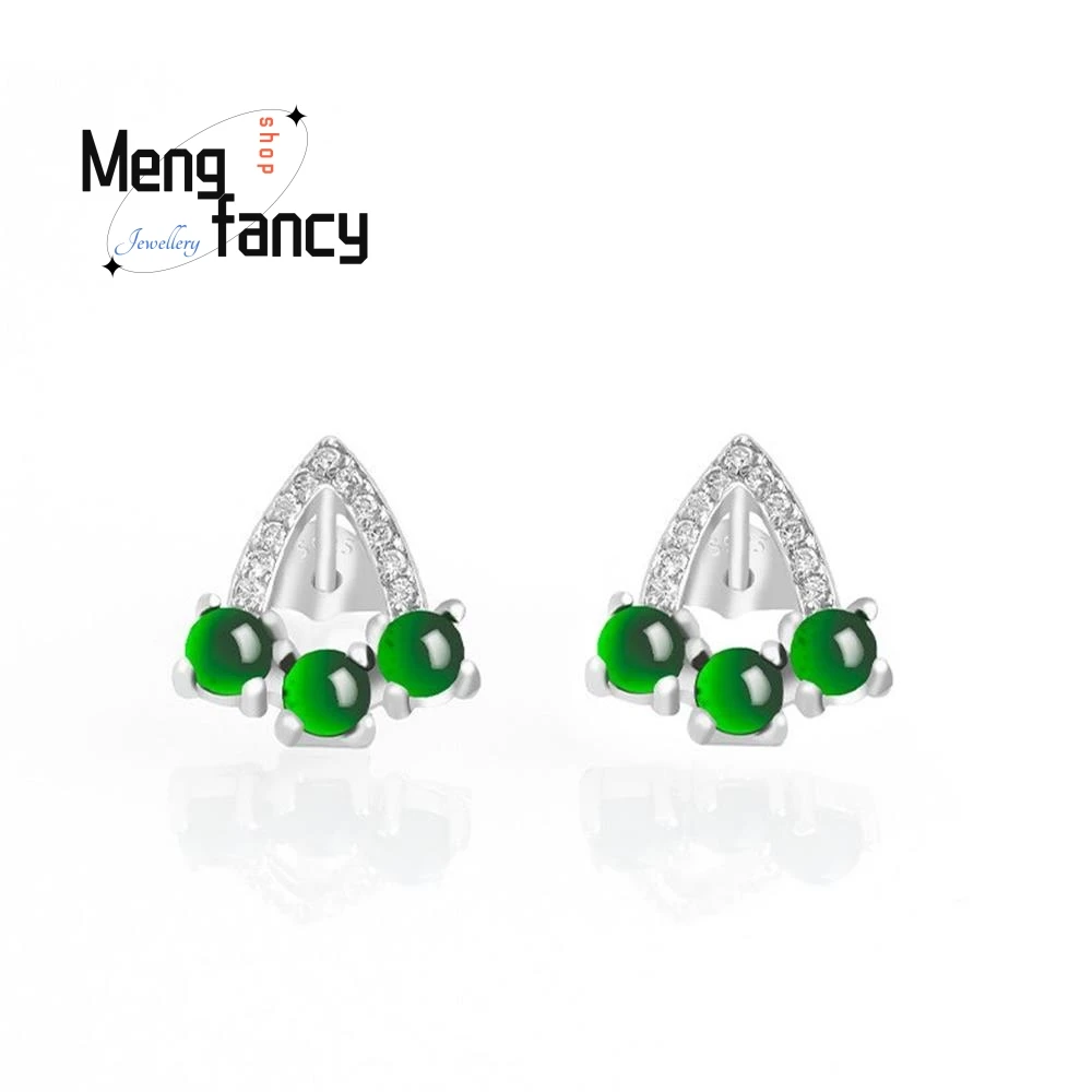 S925 Silver With Natural A-goods Jadeite Positive Green Triangle Earring Exquisite Elegant Sexy Young Girls Fashion Fine Jewelry