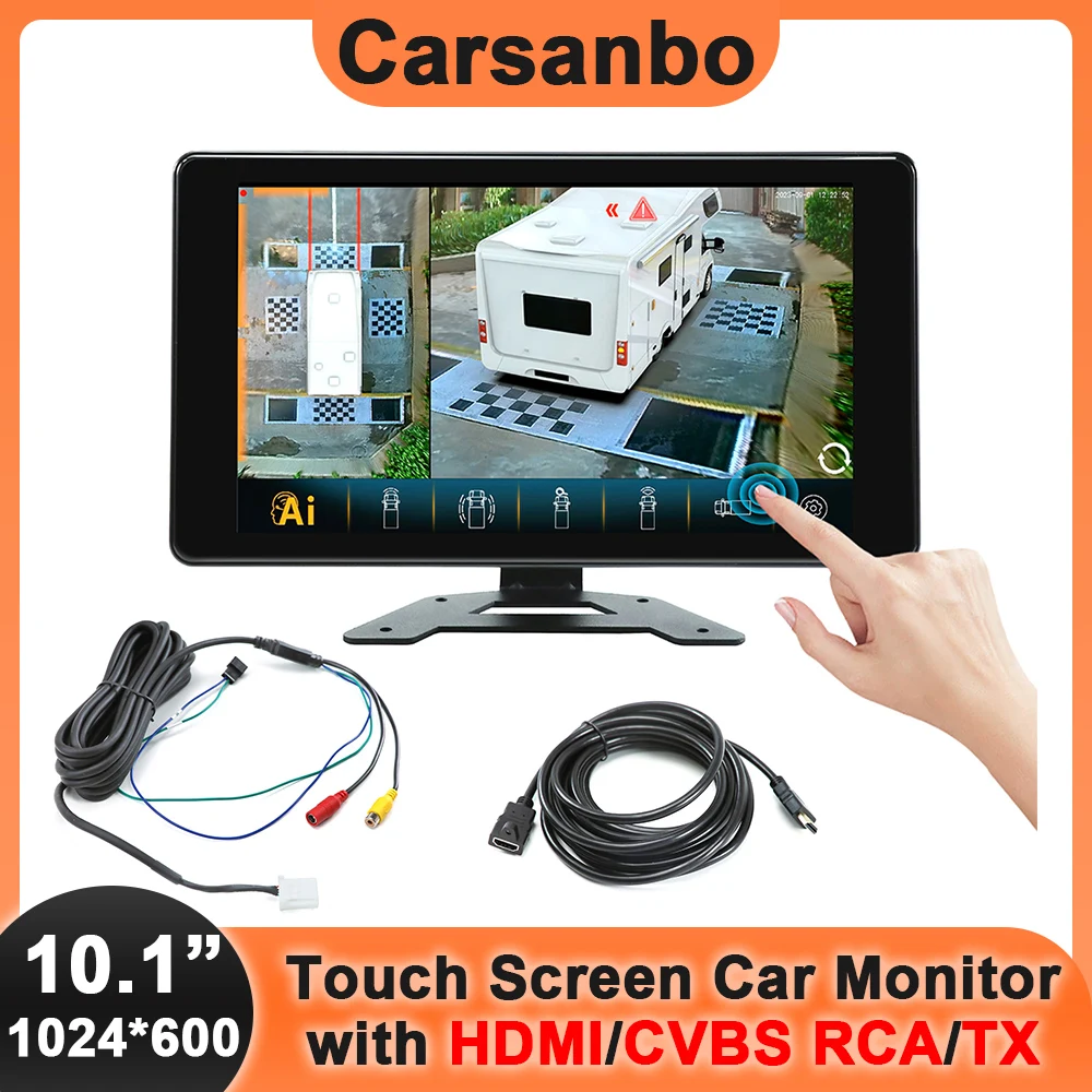 Carsanbo 10.1in IPS Touch Screen 1024*600 Car Monitor with HDMI, CVBS RCA, TX Input Auto-Brightness Work with AI 360 AVM System