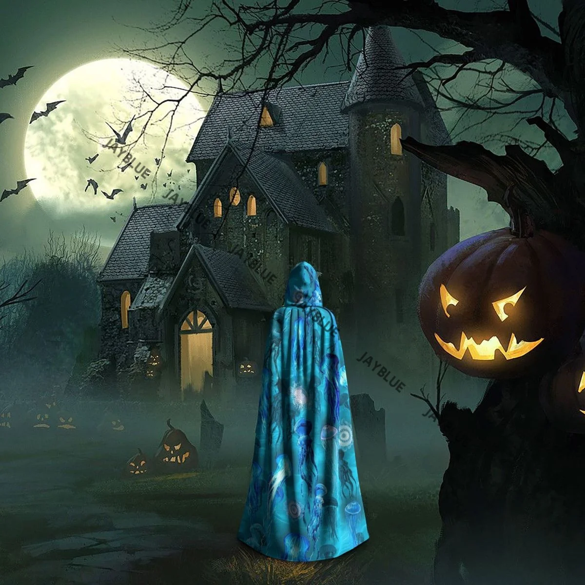 フード付きユニセックスクラゲマント、海の魔女の衣装、大人のコスプレ