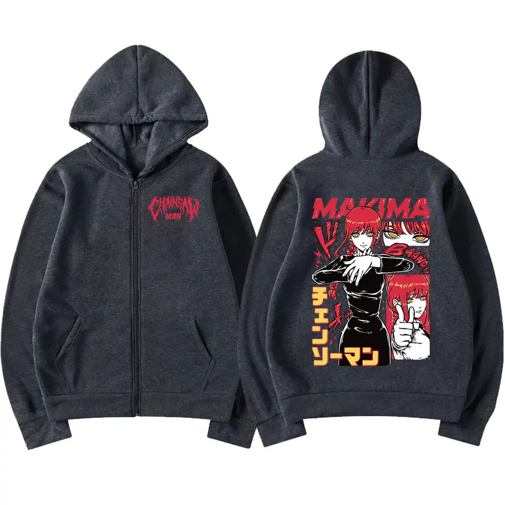 Japan Anime Chainsaw Man Hooded Makima Funny Print Men Women Zip Up Hoodies Plus Size Sweatshirt Harajuku Warm Zipper Jacket