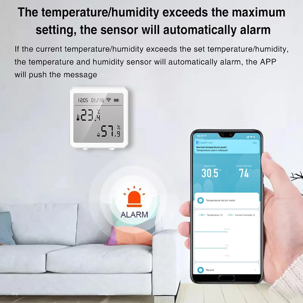 LCD Screen Wireless Tuya Smart Temperature and Humidity Sensor Voice Control Thermometer Detector Temperature Humidity Sensor