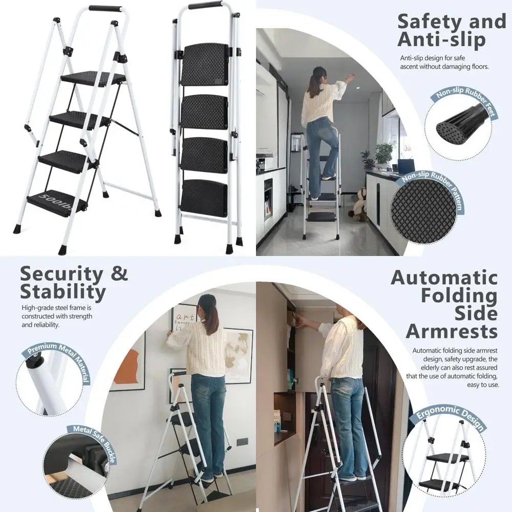 سلم محمول قابل للطي بسعة 500 رطل مع درابزين، معالجات مضادة للانزلاق، مثالي للمنزل والمطبخ والاستخدام المكتبي #1